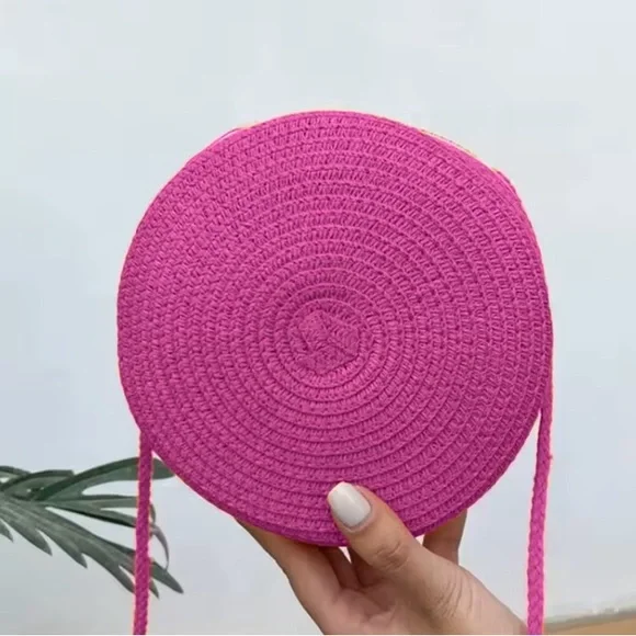 Hot Pink Round Woven Straw Raffia Crossbody Bag Purse Handbag Summer Beach - Picture 1 of 4